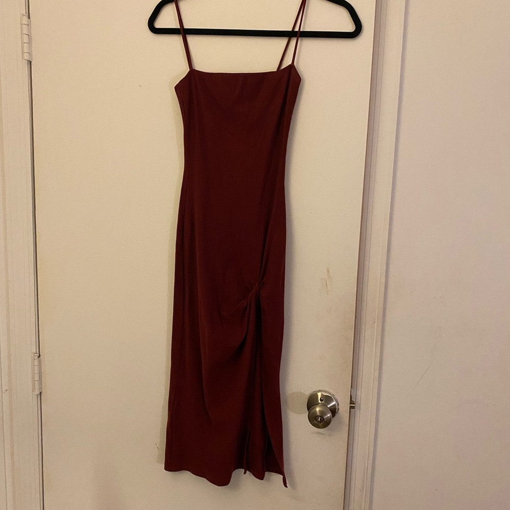 Reformation rust-colored bodycon midi dress with slit